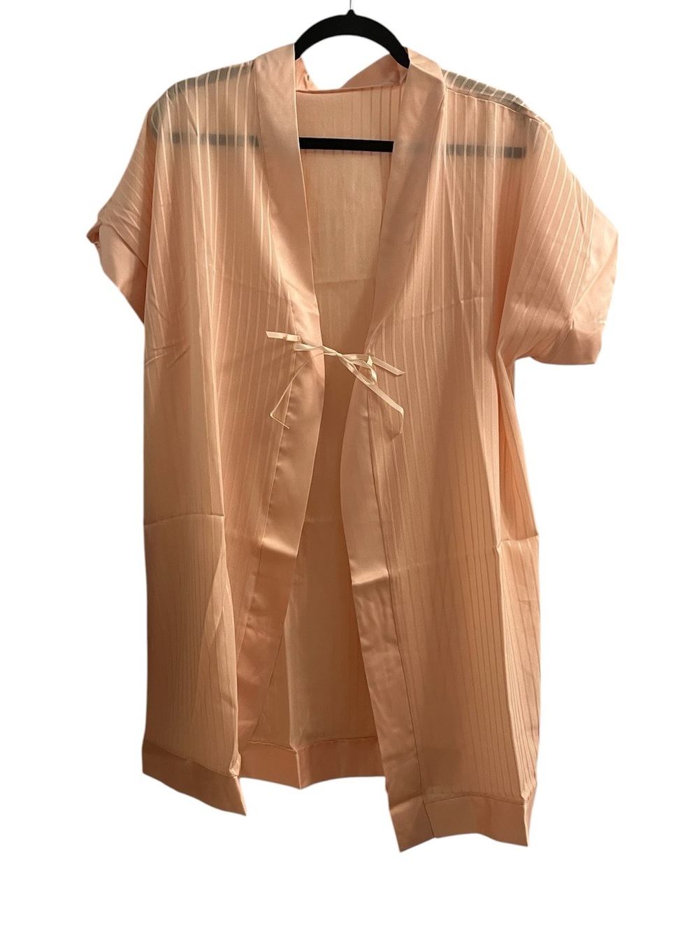 Vintage Sheer Stripe Short-Sleeve Kimono Robe - Peach
